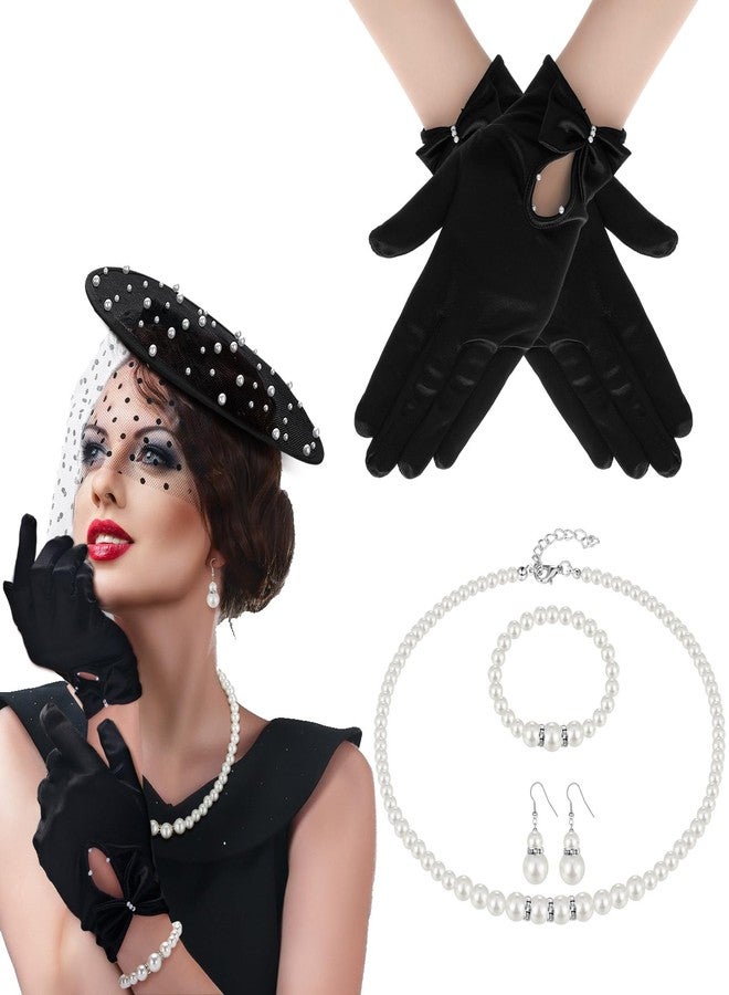 Velmitten 5 Pcs Tea Party Accessories for Women 20s 50s Fascinator Derby Hat Gloves Vintage Cocktail Decoration for Tea Party Wedding Black and White - Image 1